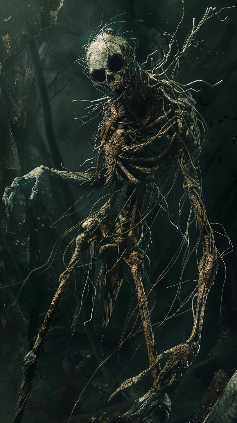 Draw Fiddlesticks the ancient fear in hyper realistic 3D, photo realistic, dark, scary, eery, creepy