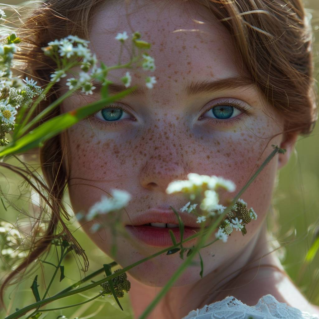 Young girl with freckles, holding a bunch of wildflowers. Bright blue eyes. Auburn hair. English countryside. Midday. Clear sky. Rolling green hills, a small brook babbling nearby. Close-up shot, head and shoulders. Natural lighting, sun casting dappled shadows through the trees. Vivid color saturation.