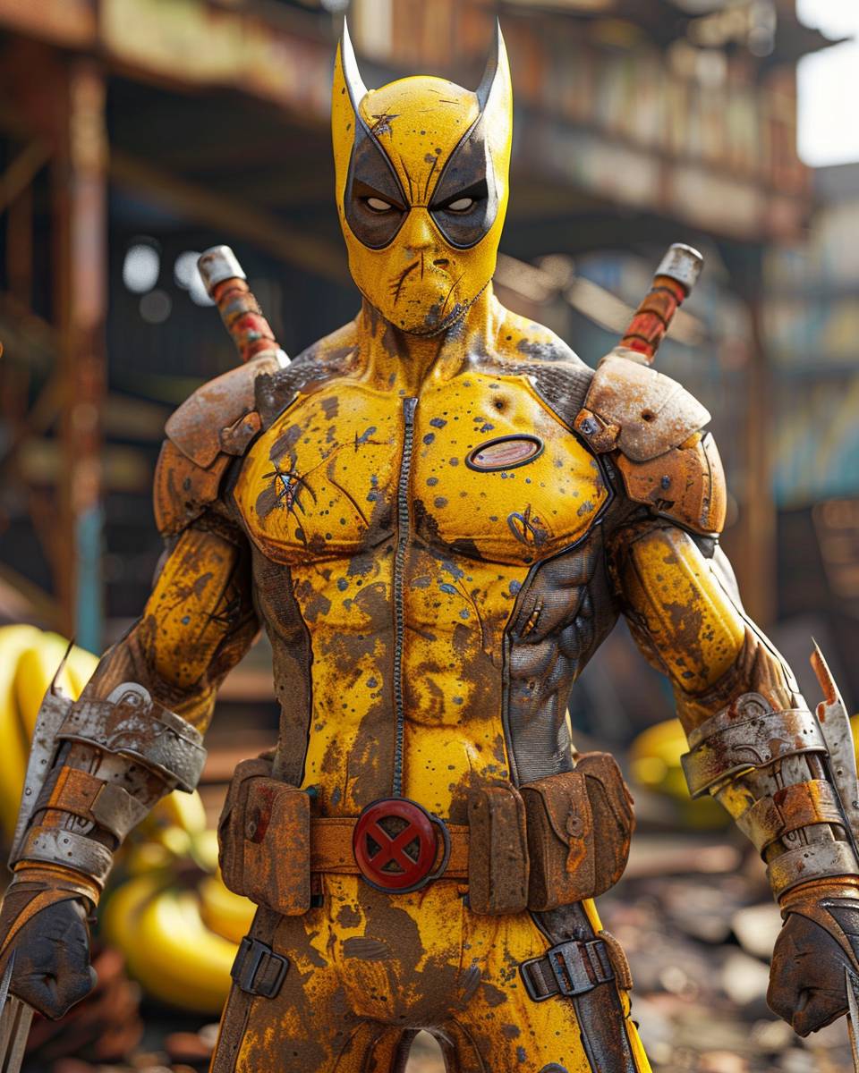 Wolverineの爪を持ったPeely、Fortniteスタイルの3Dグラフィック、ポストアポカリプスのバナナ農場のシーン、素晴らしいディテール、怒りのポーズ、咆哮、対称的