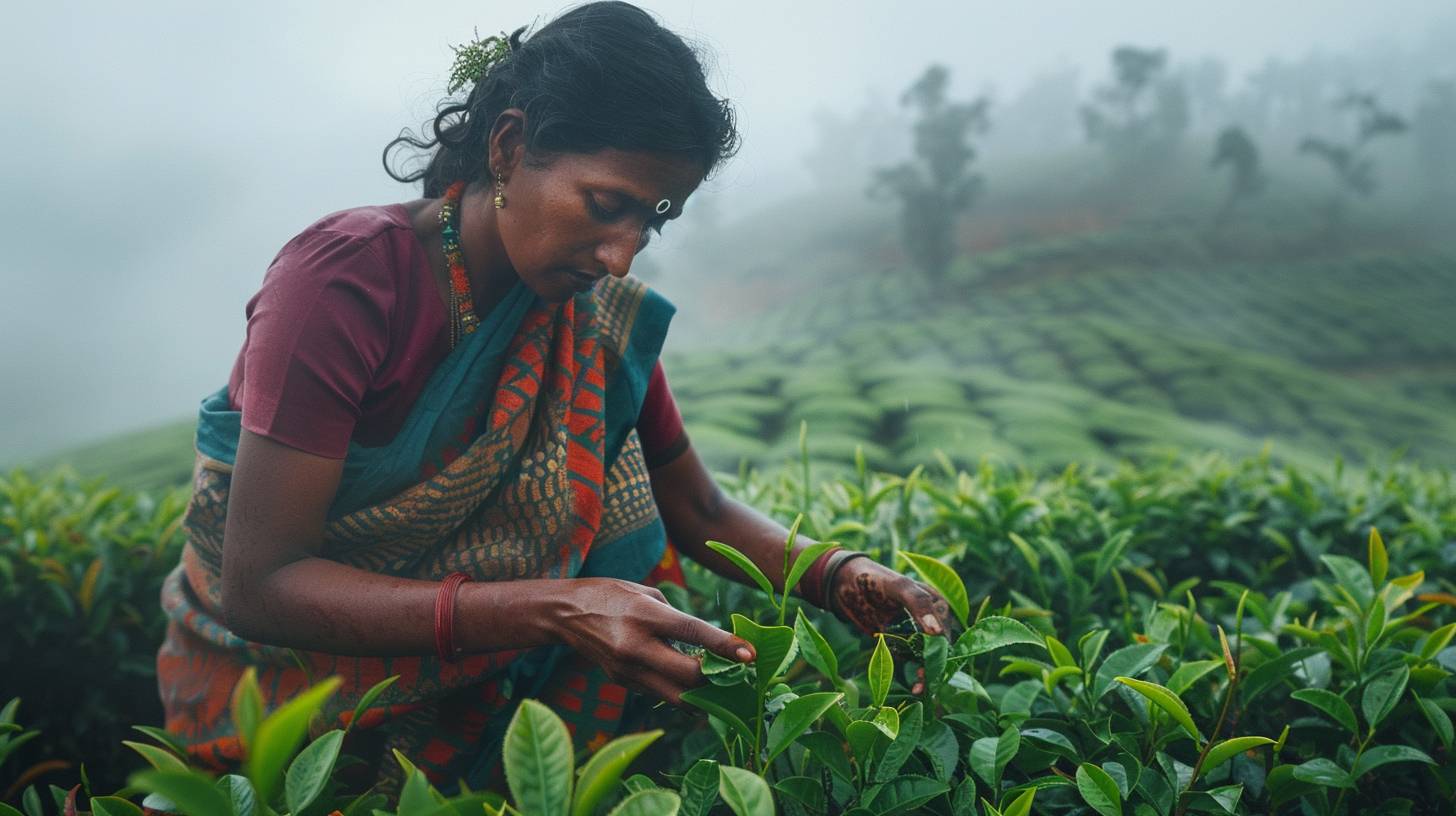 Woman in a sari, picking tea leaves. Dark eyes. Graceful hands. Indian tea plantation. Morning. Misty hills, rows of tea bushes. Wide shot, full body. Diffused lighting, mist softening the landscape. Vibrant color palette.