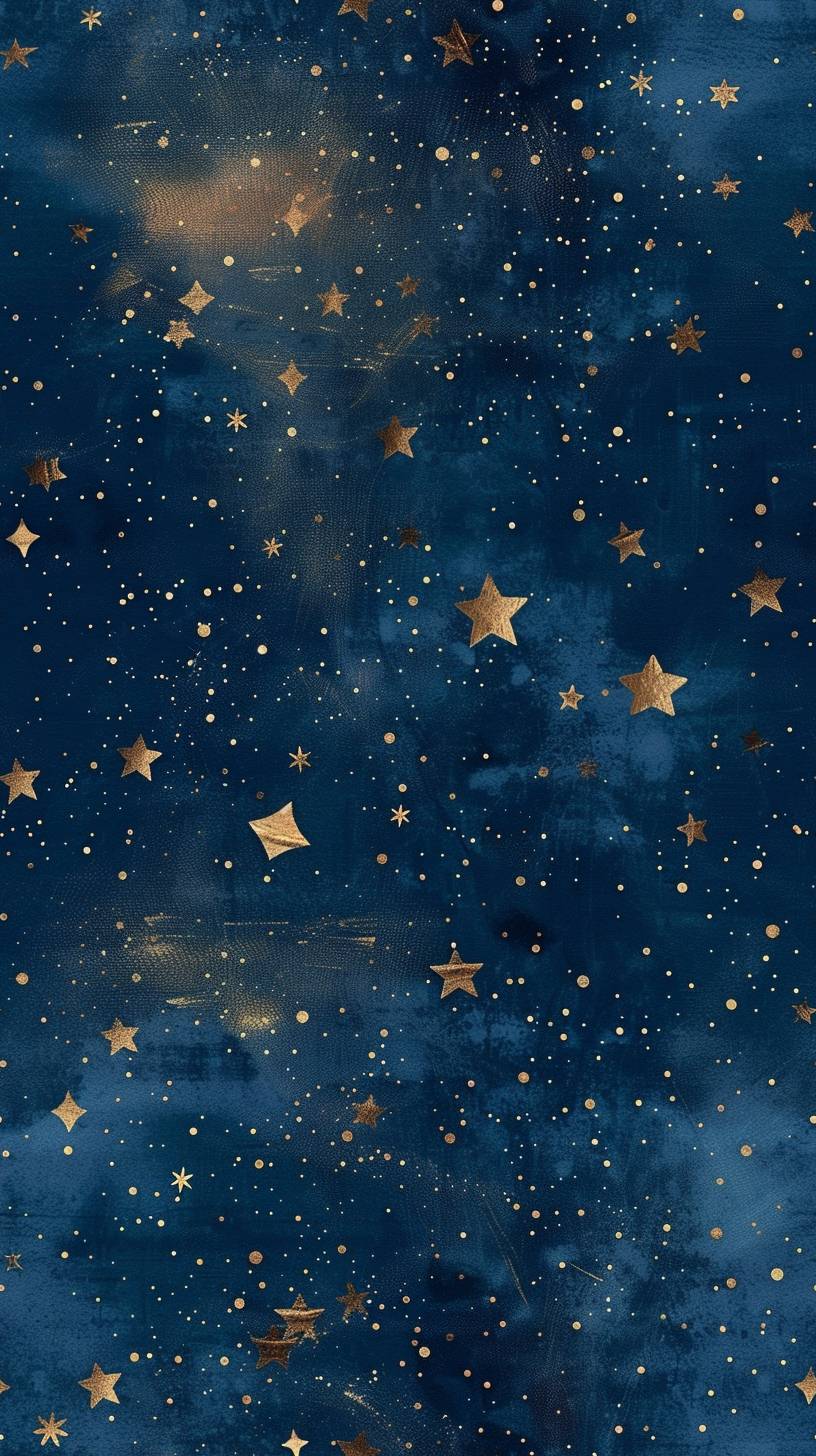 Starry sky blue and gold wallpaper, in the style of dark navy and light navy, whimsical animation, cute and dreamy, light red and dark indigo, delicate gold detailing, glitter, calming. A gold starry sky on navy blue background, in the style of whimsical and playful, light sky-blue and light beige, dusty piles, navy and gold, Simeon Solomon, cute and dreamy. A blue and gold wallpaper featuring stars and a border, in the style of dark sky-blue and dark navy, whimsical animation, cute and dreamy, calming effect, glitter, organic material, light crimson and dark blue. Gold stars with navy blue background, in the style of imaginative spacescapes, light sky-blue and light beige, storybook-like, calming, whimsical charm, glitter