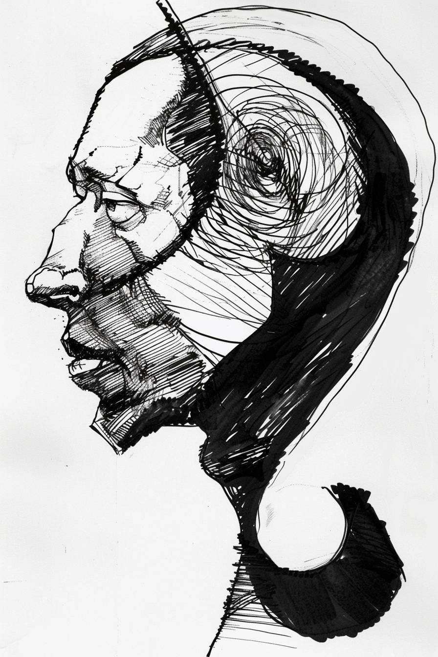 In the style of Arthur Dove, character, ink art, side view