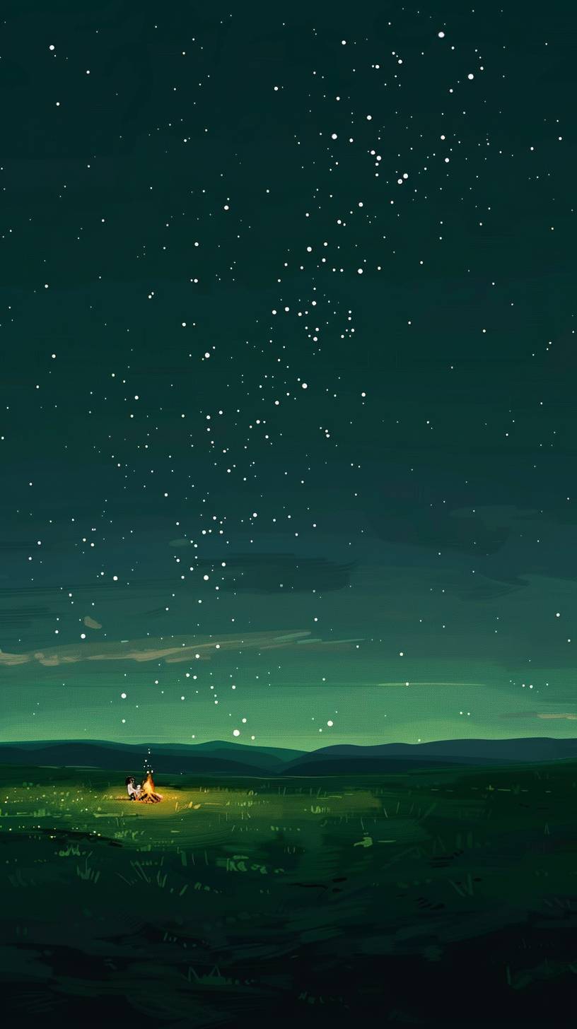 An abstract minimalist illustration depicting a green landscape under a starry sky at night. In the distance, children are sitting around a bonfire, with no other visible lights present.