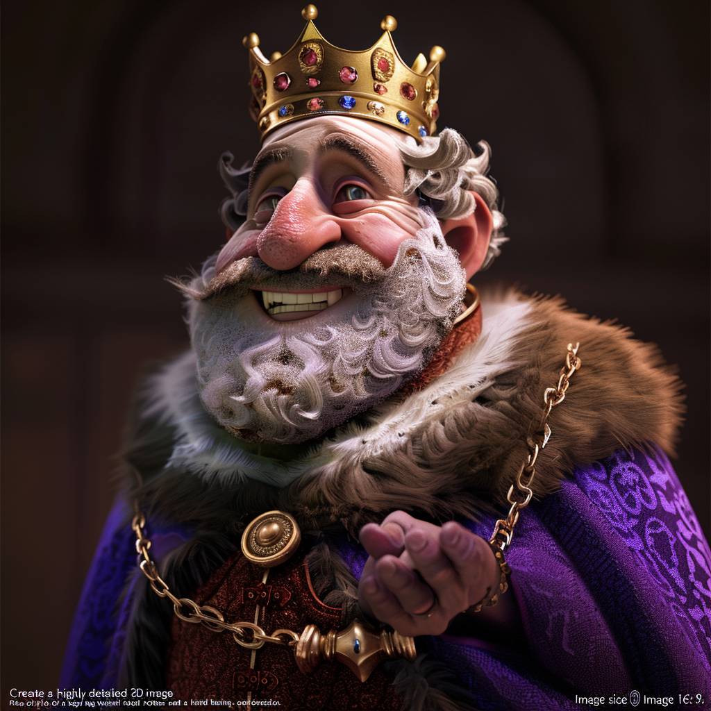 The King Prompt: "Create a highly detailed 3D image in Pixar style of a regal king wearing royal robes and a crown. He should have a kind and hopeful expression. Image size 16:9."