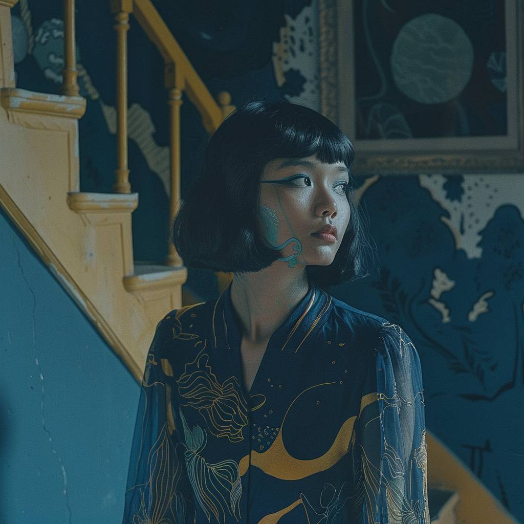 Analog Photography, vintage fashion photoshoot in an old mansion, Southeast Asian model with shoulder-length razor-cut bob hairstyle, late morning, soft natural light, portrait angle, vibrant saturated color palette, 70s vintage effect, subtle surrealism, shot on 35mm film, dreamy and nostalgic composition