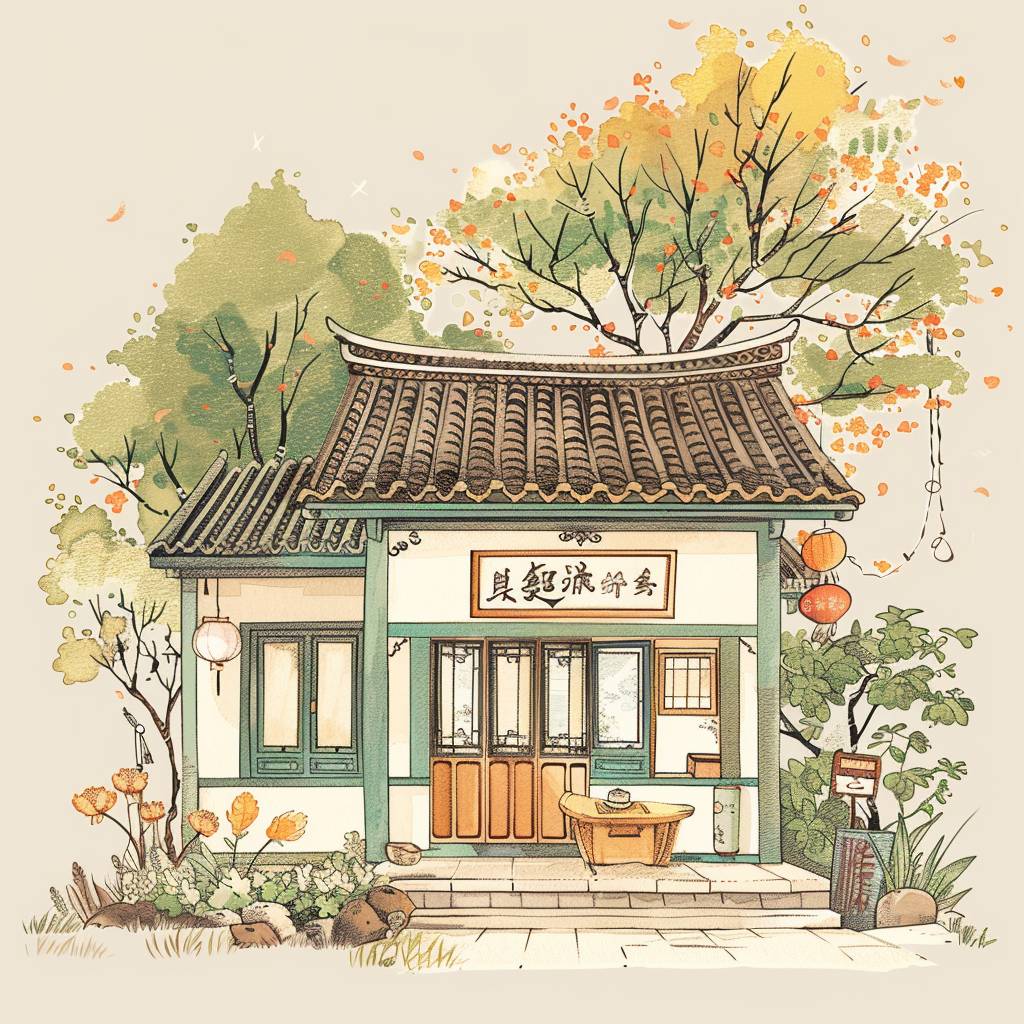 Design a simple doodle with Chinese elements as the theme, portraying the tranquil elegance of a guesthouse.