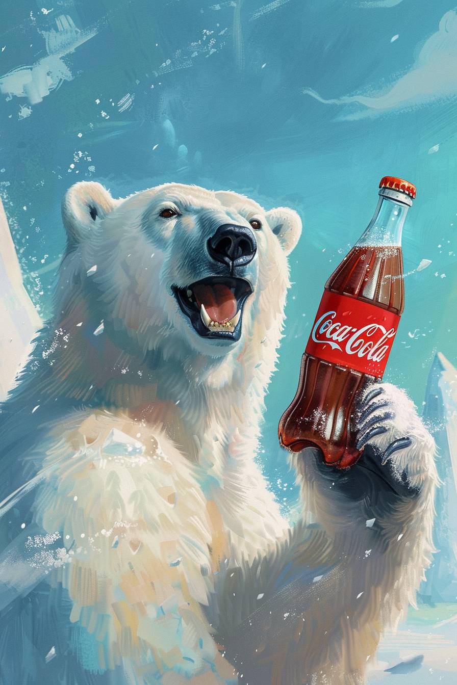 An illustration design poster of a friendly white polar bear holding a Coca Cola bottle