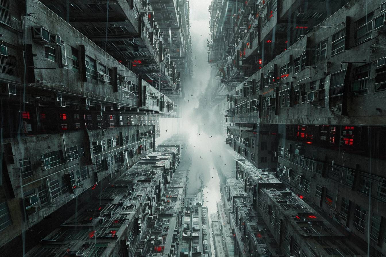 The dystopian rebel, navigating this ash grey labyrinthine city, where each building reflects a rebellion red multitude of realities, challenging the very concept of space and time.