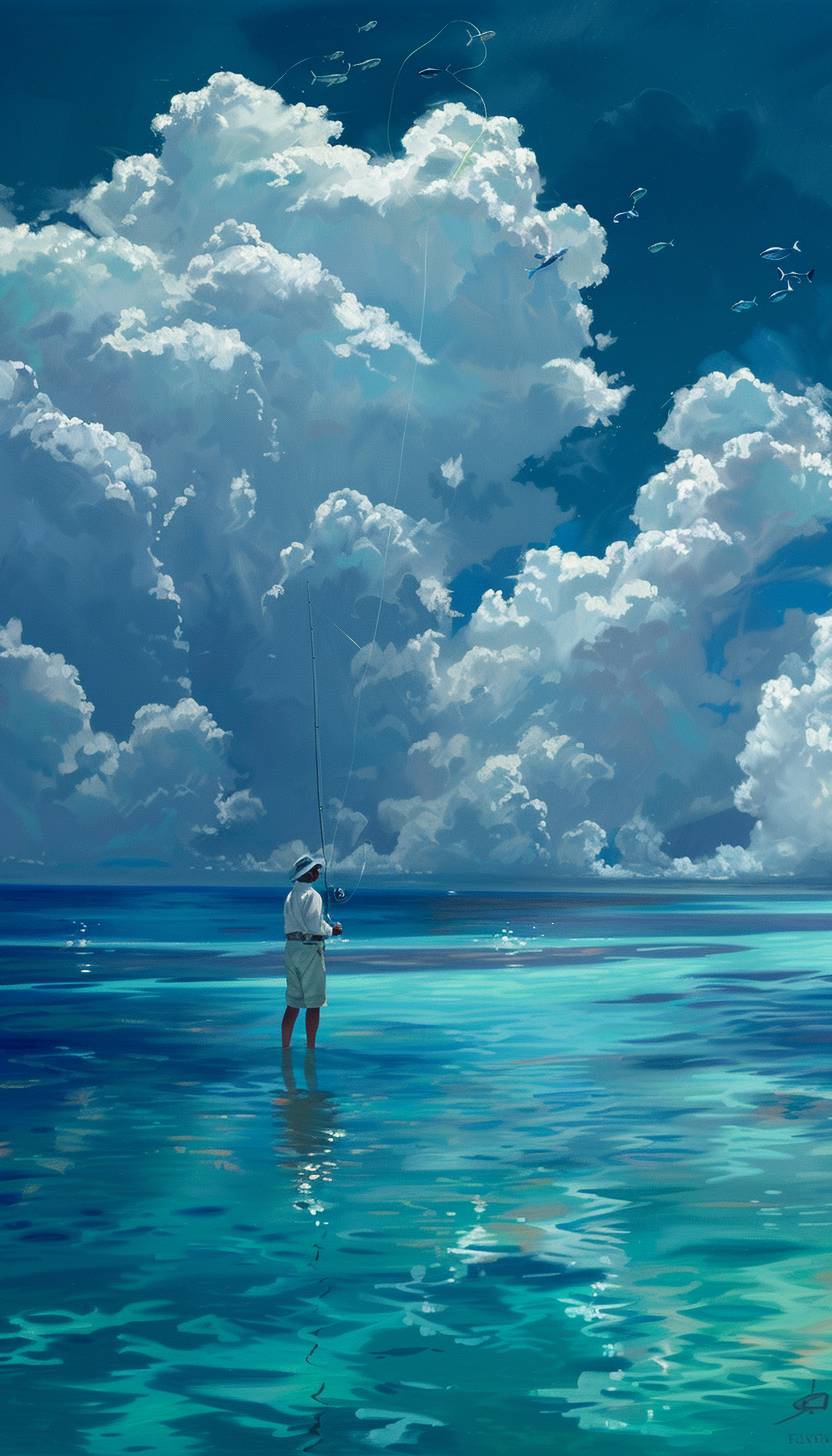 Salt water fly fishing for bonefish in the Bahamas, realistic with clouds in the background that are not too dark.