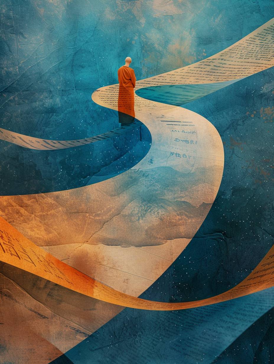 Dunhuang art style illustration, blue tones, a monk standing on the long ancient scroll with Buddhist scriptures, Zen, the stars are brilliant, dazzling, light and shadow, gradient blue color, blue and orange, ancient rhyme white, super grand scenes, with fluid movements, extremely delicate brushstrokes, soft and smooth, clean background, historical paintings, 3D rendering