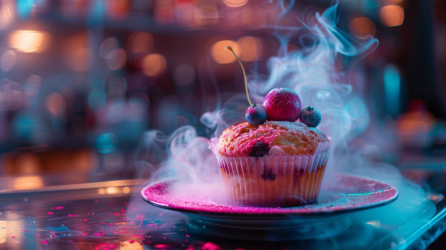 A cherry muffin, vibrant colors and swirling mist, in a luxury restaurant, dramatic lighting, high details, Canon EOS R5