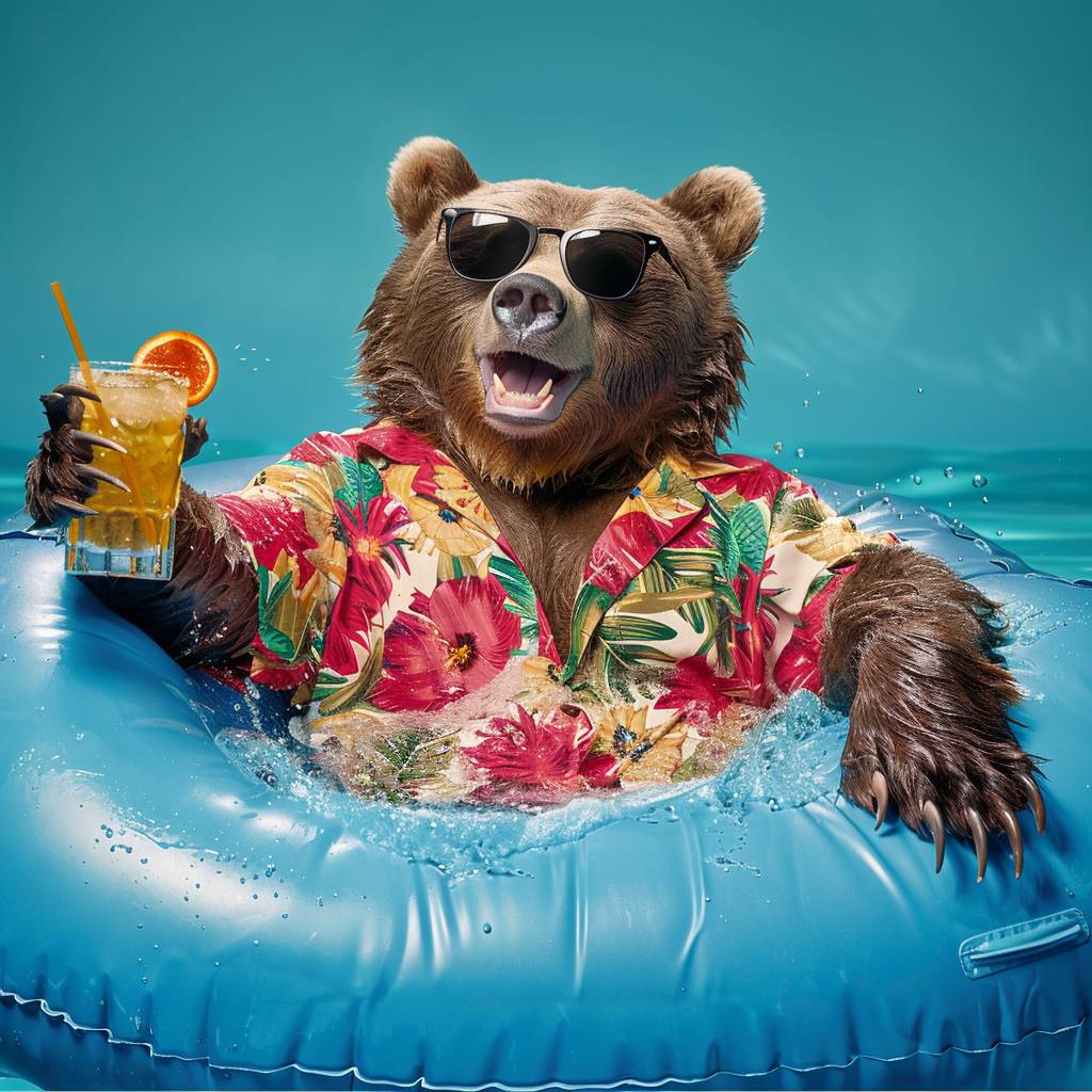 A photo of a bear smiling with a Hawaiian shirt and sunglasses chilling on an inflatable bed, sipping a cocktail, in a pool