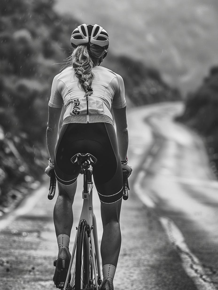 Cyclist woman riding a road bike, effort on the face, muscular perfect body, black and white photography, minimalist, tigth cycling outfit, winning photography, [front view, back view, extreme low-angle], glamour, by Annie Leibovitz --chaos 10 --ar 3:4 --style raw --stylize 500  --v 6.0