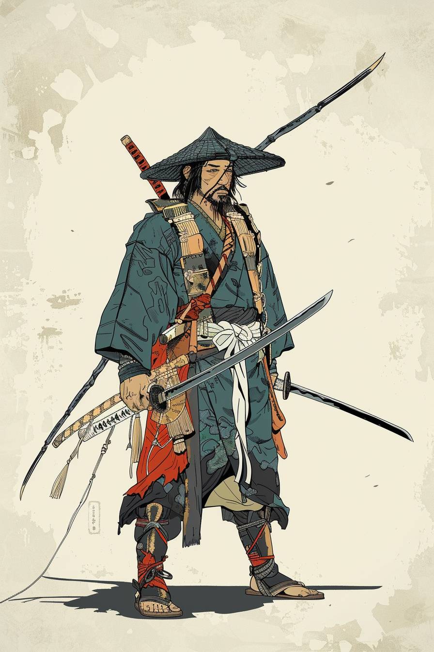 Warrior character in the style of Katsushika Hokusai, full body, flat color illustration