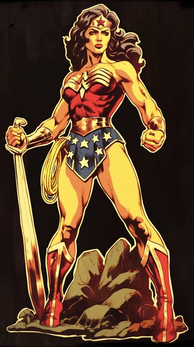 Wonder Woman, in the style of Frank Frazetta, Marvel Comics, mind-bending illusions, womancore, flawless line work, made of mist, comiccore, wild and daring, shot on 70mm, dark gold and red, detailed costumes, chiaroscuro mastery, creepypasta, award-winning