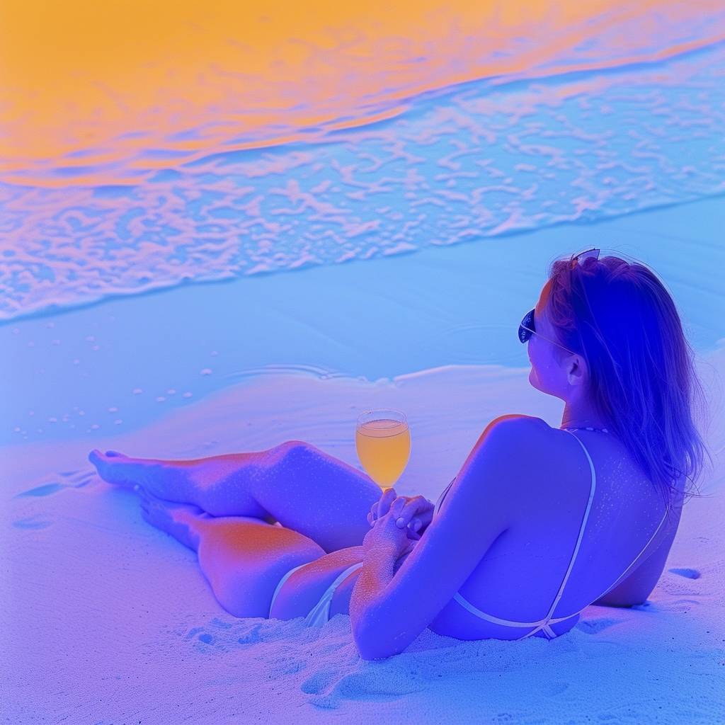 Photo of a woman lying on sand, cocktails, wearing a bikini