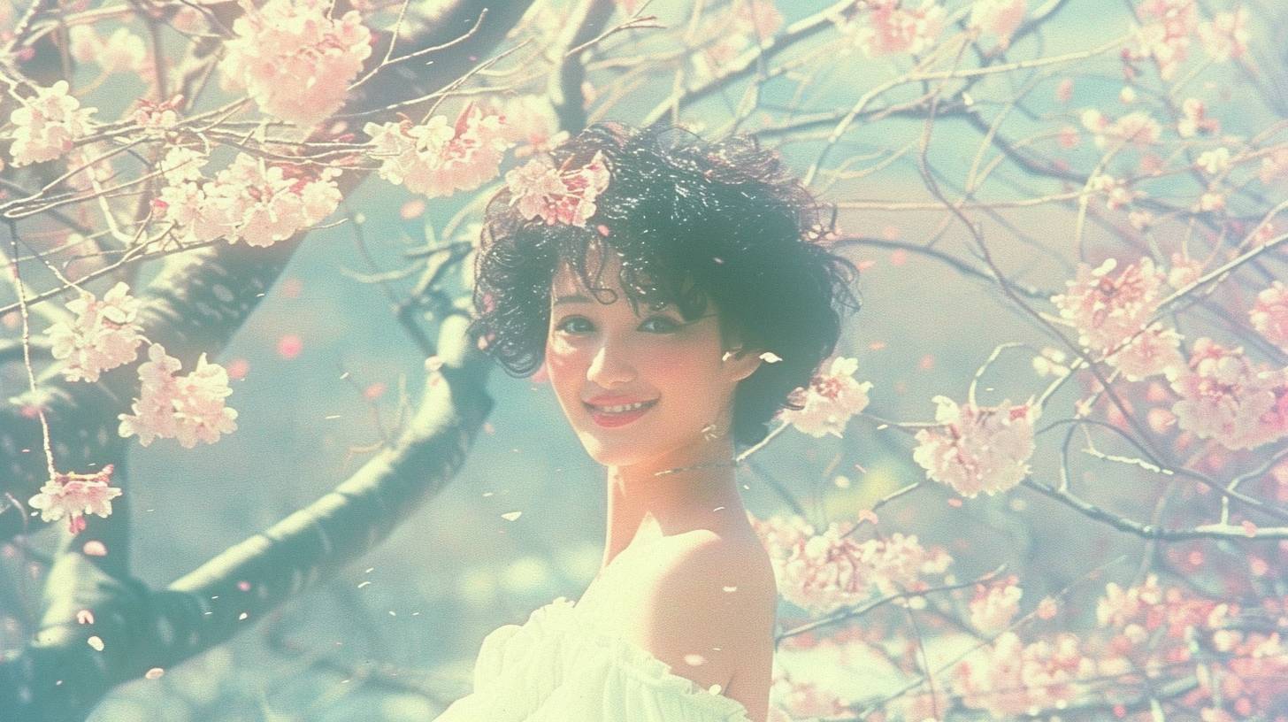 A stunning 22 years old beauty smiles at the camera against blurry sakura trees
