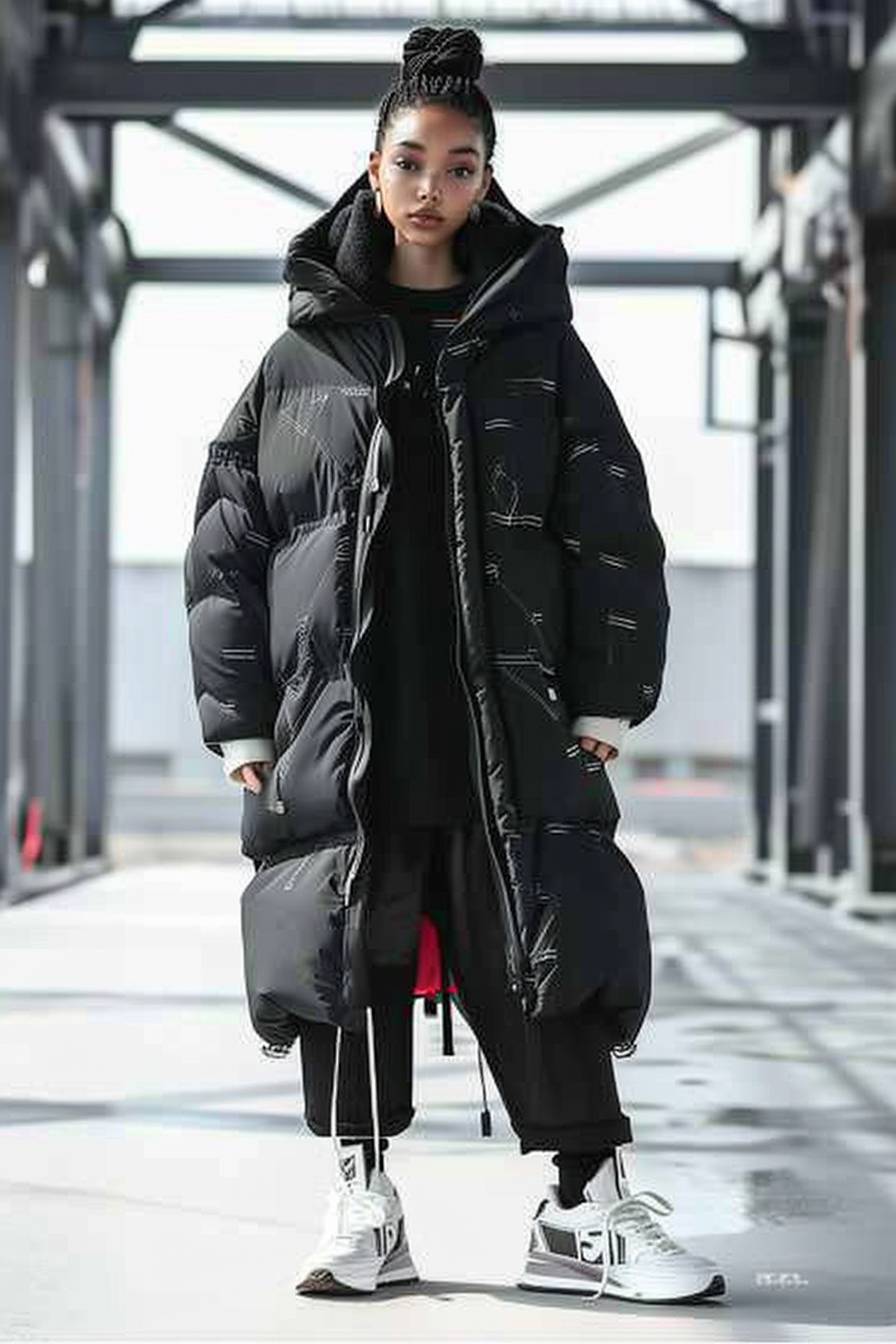 A model wearing an extremely long black puffer coat with hood, full body shot, oversized and boxy style for the jacket design, material exciting pattern in a style of stone island and white sneakers, She is smiling at the camera, background a wide open industrial futuristic interior, Sunny Daylight, editorial picture, hyper realistic.