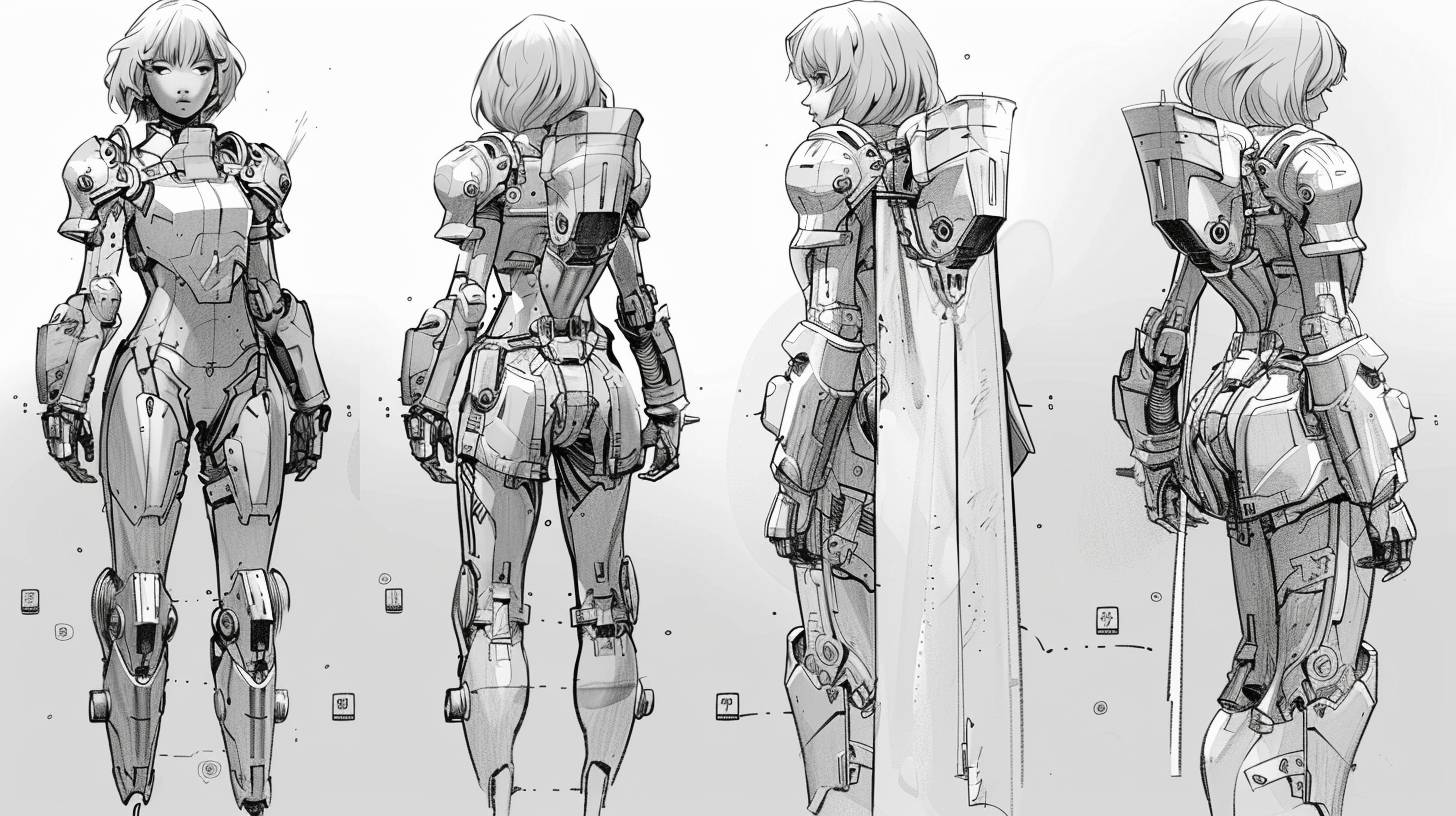 女性の宇宙パンク騎士、新川洋司と弐瓶勉によるキャラクターデザイン、墨と洗い、装甲は入念でエレガント
