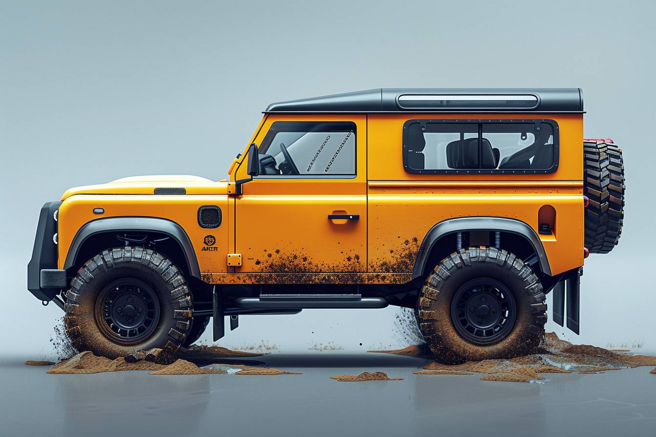 Land Rover Defender 100, designed, side view, illustration, Yellow, Sahara, Dakar, digital art, hyperdetailed, hyper realistic, art station, autogram, cargram, overlander, explorer vehicle, Matthew Hoss, Dieter Rams, 10 and 2, unreal engine, 32k, 4k, white background