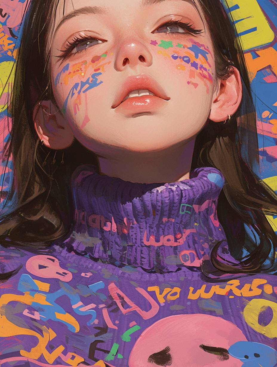 A girl wearing a purple shirt, mixed patterns of text and emoji installations, close-up,