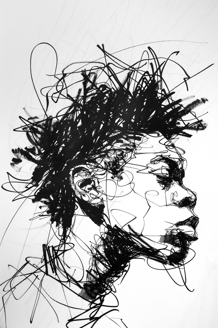 In the style of Jean-Michel Basquiat, character, ink art, side view