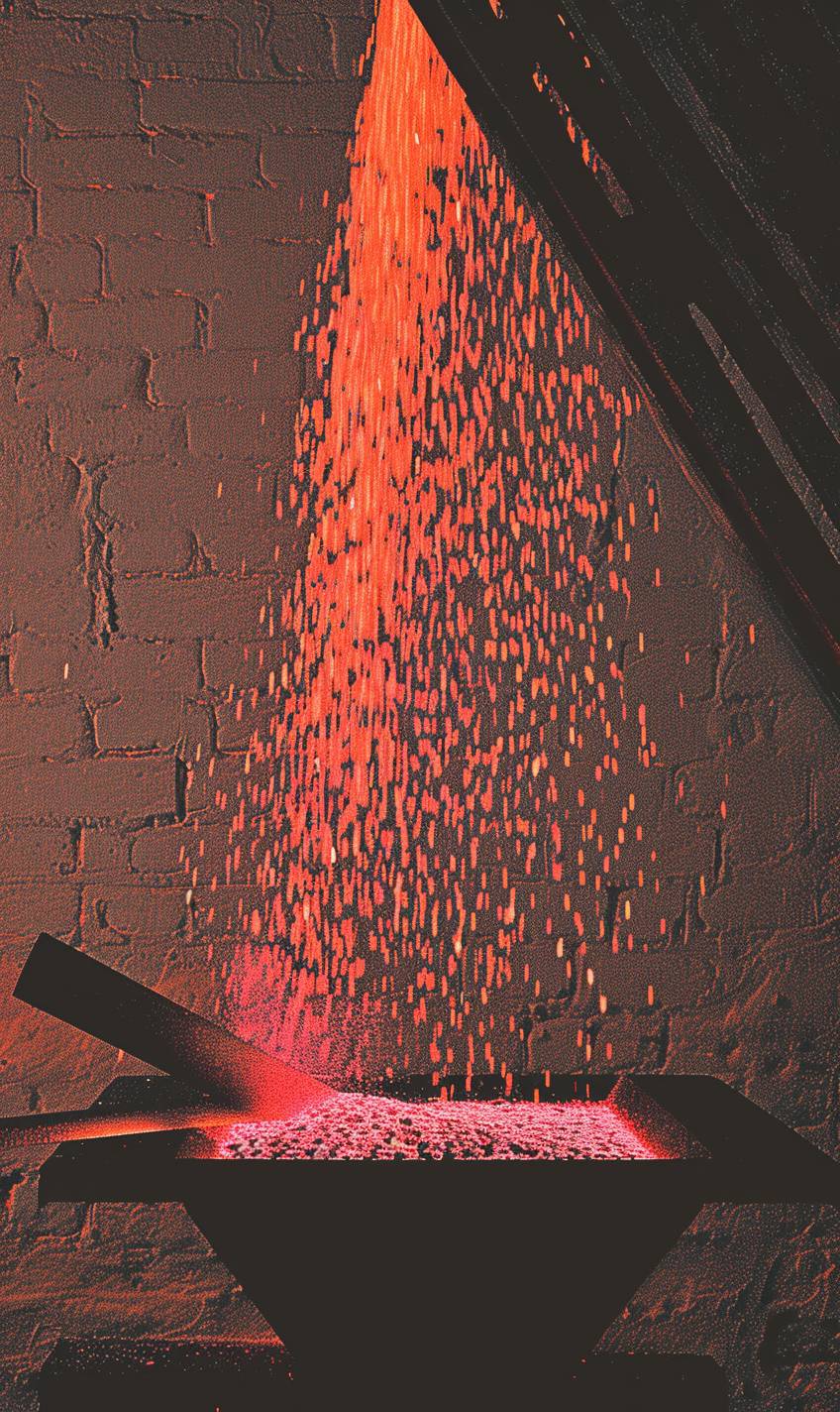 A medieval blacksmith's forge, glowing hot metal being hammered, sparks flying