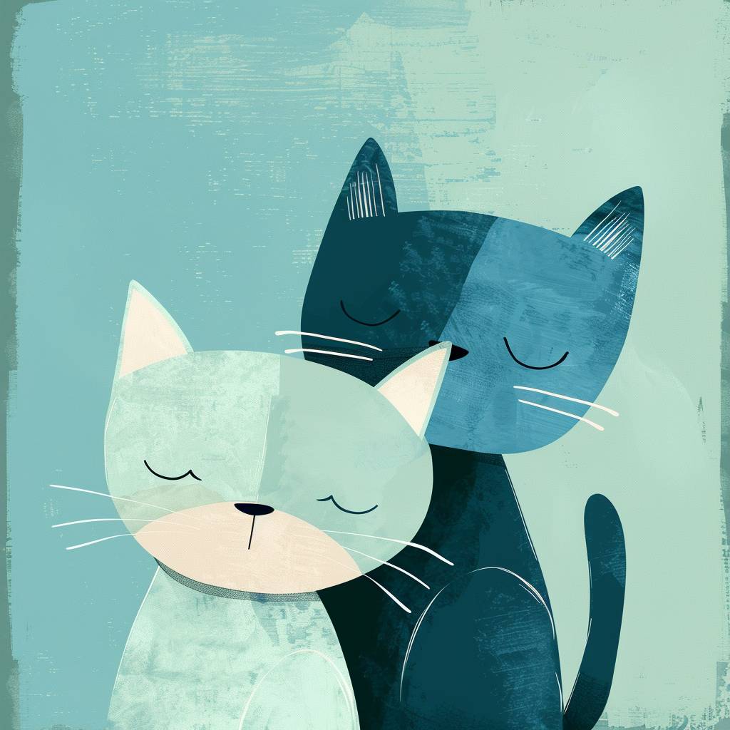Image for two peaceful, happy cats, elegant details, textured motif background in blue green colors, flat image, simple shapes, epic composition, flat vector art