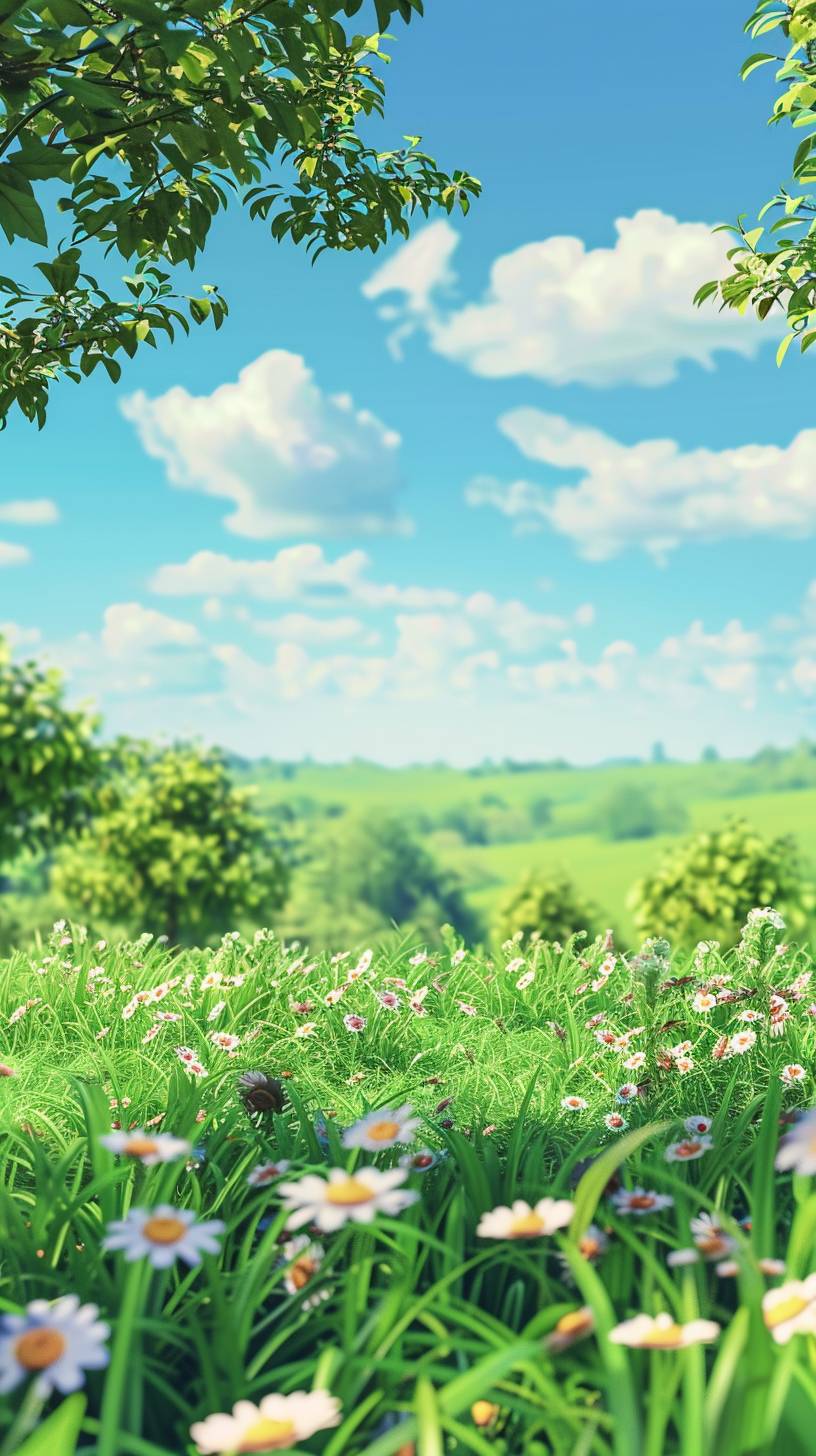 Outdoor lawn and clean sky, cartoon, 3D style