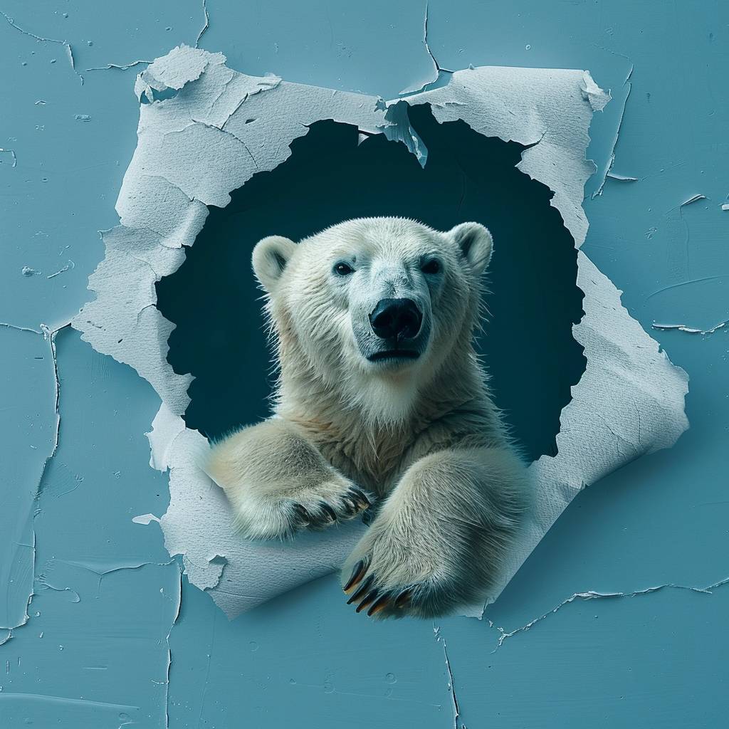 Cute polar bear, in a hole in a torn sheet, simple blue background