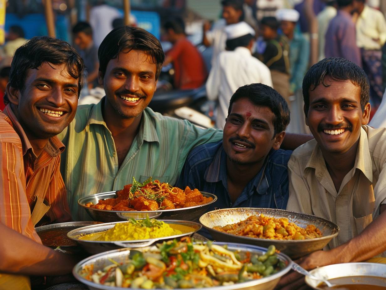 Four friends sharing a meal. Laughter and conversation. Street food. Dhaka's Kawran Bazar. Afternoon in 2007. Busy market, spices, vendors. Medium shot, upper body. Shot on a Canon EOS 40D, Fujifilm Pro 400H film. Warm light from the stalls, detailed texture of the food, vivid colors.