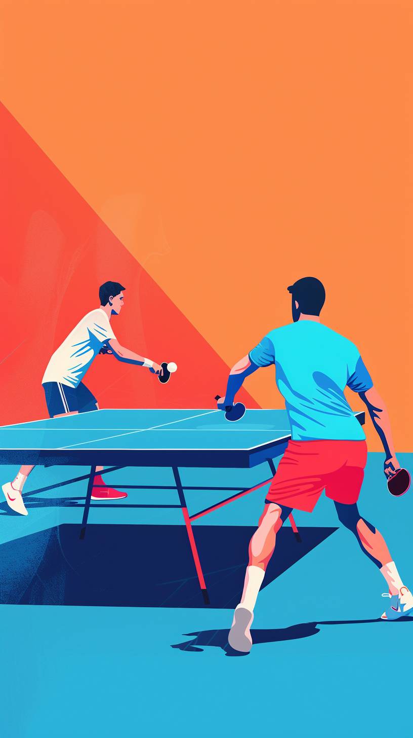 Two players playing table tennis. Illustration style, minimalism, color blocks, pop art style.