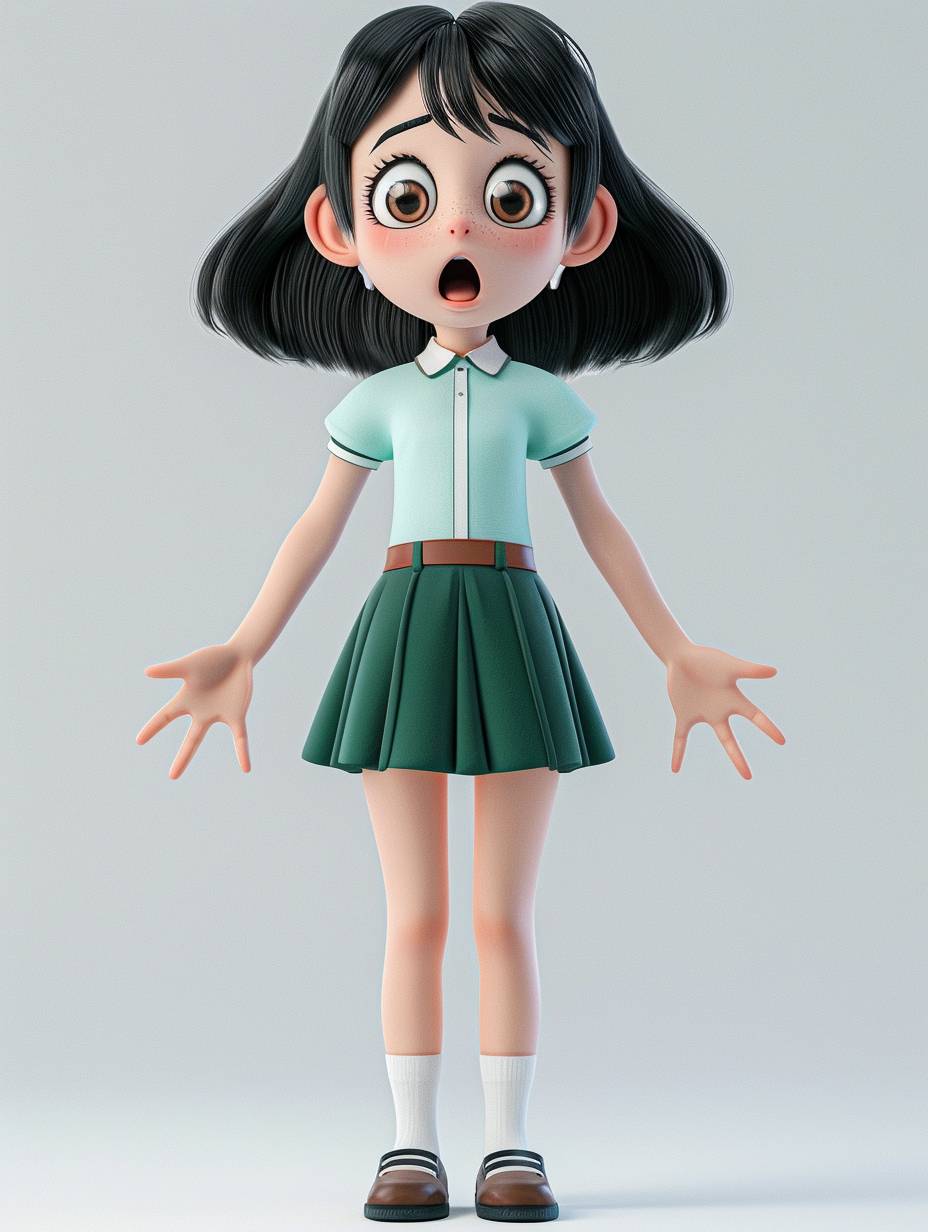 大きな目を持つ可愛いアニメガールの3Dレンダリング、驚いた表情、全身ショット、Pixarスタイル、高解像度、高い詳細