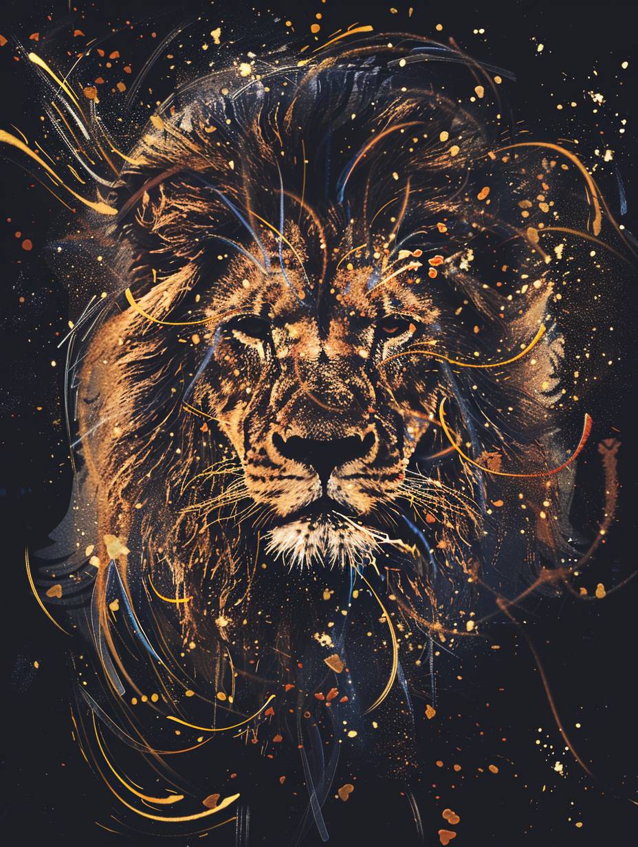 色彩豊かなペイントスプラッターで描かれた荘厳なライオン、黒い背景に琥珀色とゴールドカラー
