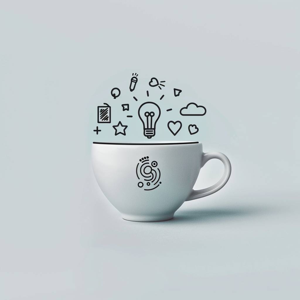 Minimalist illustration of a simple white teacup on a plain background. Inside the cup, a clean spiral of various small symbols representing thoughts and ideas: a lightbulb, a cloud, a star, a heart, and a few geometric shapes. The symbols are in black, creating a strong contrast with the white cup. The spiral is subtle and not overly busy. The overall style is clean, with crisp lines and a limited color palette.