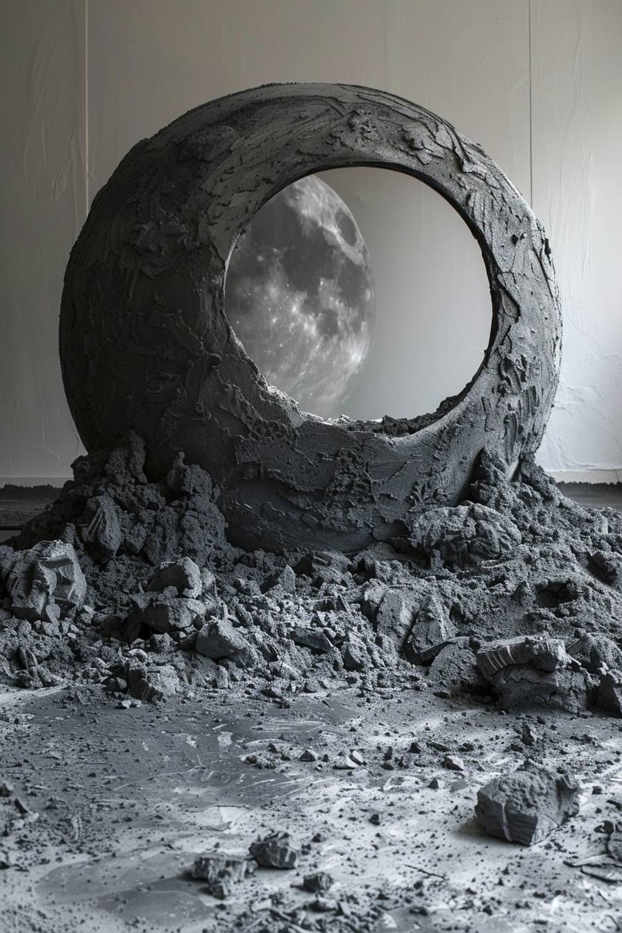 In style of Daniel Arsham, Lunar eclipse casting shadows across the land