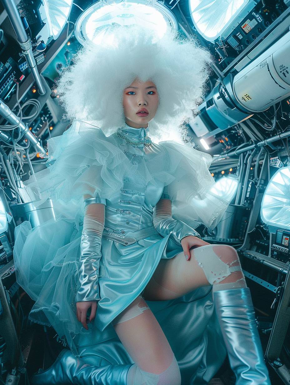 白髪のアジア人女性が氷の青いドレスとブーツを着用し、膨らんで巻き毛のような曇っている髪型をした写真、細かな照明の宇宙船内。