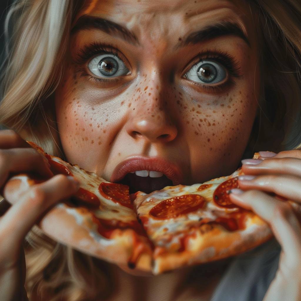 A woman taking a bite of pizza, and her face is amazed, she is chewing, there is food in her mouth, her eyes are big, she looks excited and happy, quiet, photorealism, real life, real people, real woman.