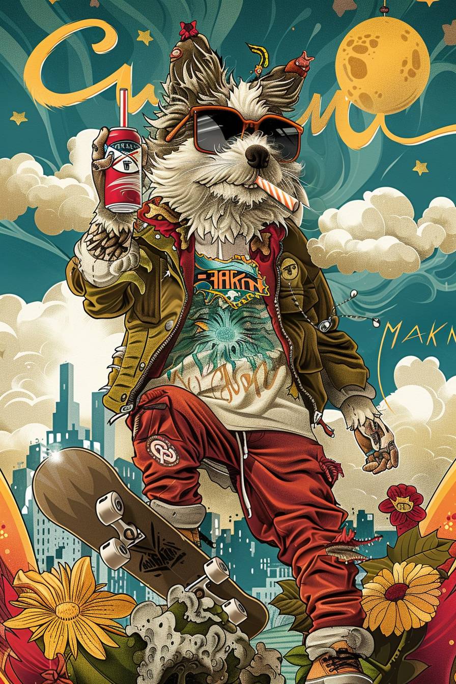 An old school American tattoo design featuring an anthropomorphic punk rock dog character skateboarding in an outdoor skate park while drinking from a soda can with a straw, in the style of Kenny Scharf, urban landscape, Stephen Ormandy, grotesque caricatures, punk rock, goth, surreal symbolism, Steve Sack, Salvador Dali, Surreal, Street art, graffiti, bright sunny day, 'MAKN' script calligraphy in the sky