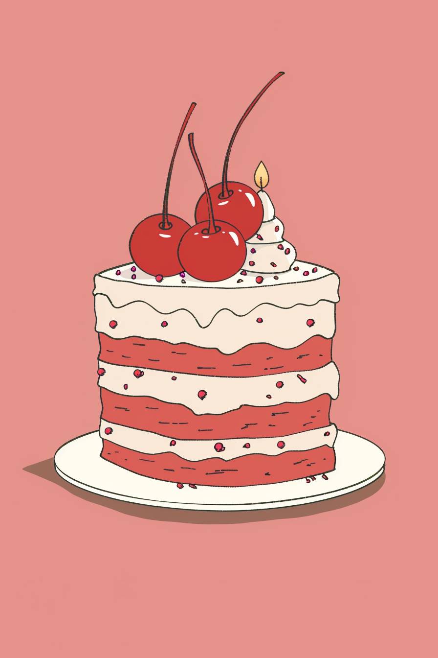 Minimalist illustration of a birthday cake with red and white frosting and cherry-topped layers in the style of Gemma Correll on a plain background, cute