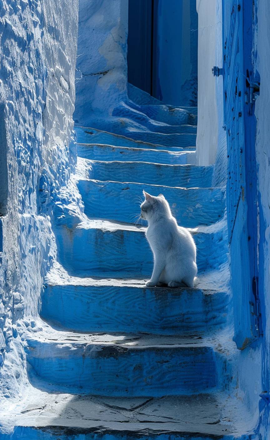 ギリシャ、カルパソス島の階段に座っている猫の現代アート作品、青と白のトーン、レンブラント・ファン・ラインとインゲ・シュスター、シュテファン・ゲゼル、ジェラルド・スカーフェによる作品、アントン・セメノフとアーサー・ボイドのスタイルで描かれている