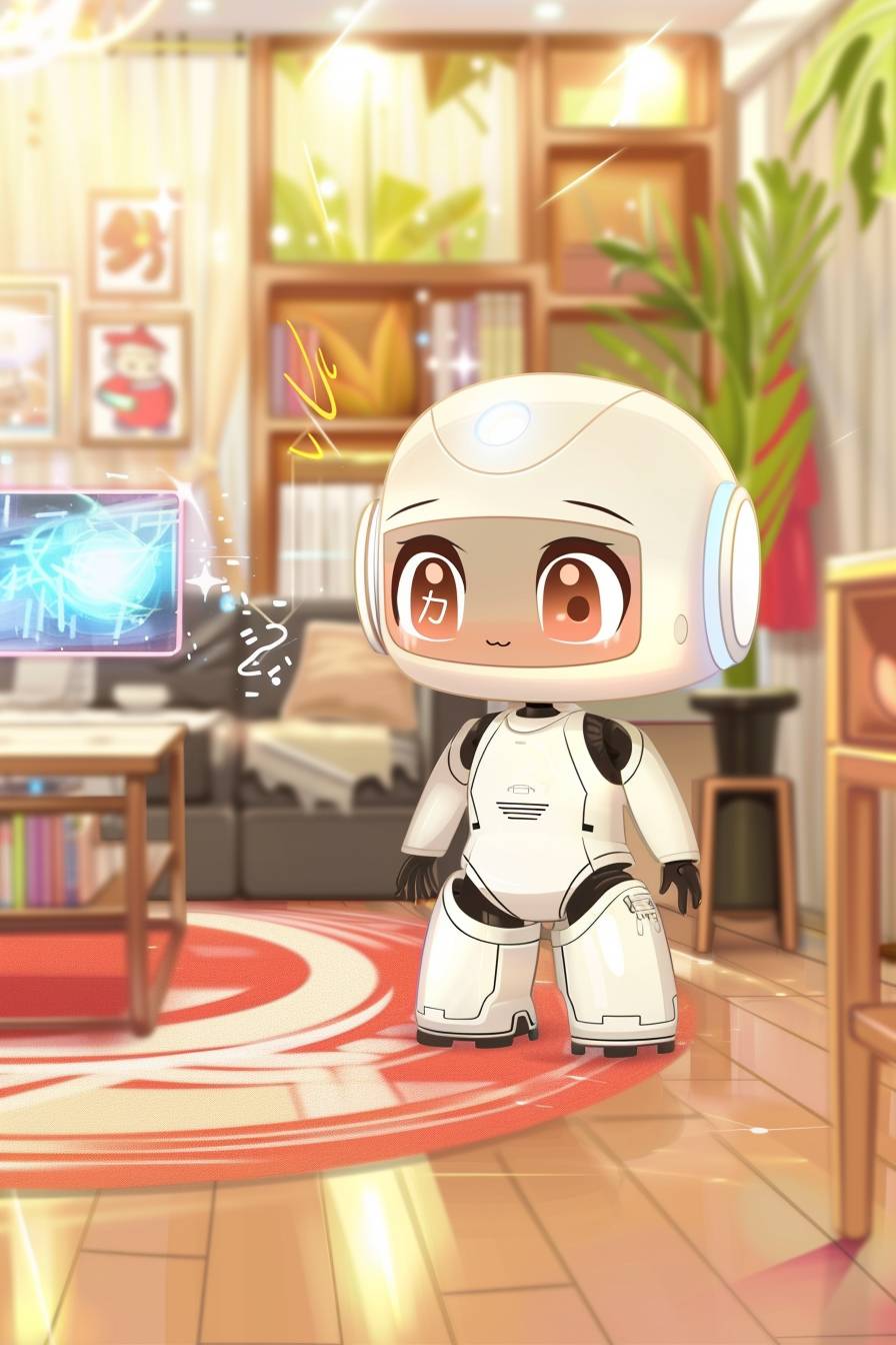 A futuristic robot companion in a sleek, modern home, interacting with a human, advanced AI features, warm and inviting setting.