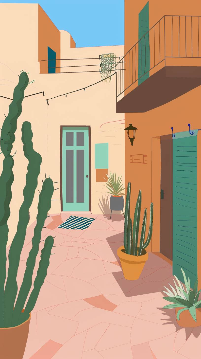 Desert courtyard. Mid century boho architecture art print, wall décor social media stories contemporary style. Vector illustration -- aspect ratio 9:16 -- style raw -- stylize 0 -- version 6.0