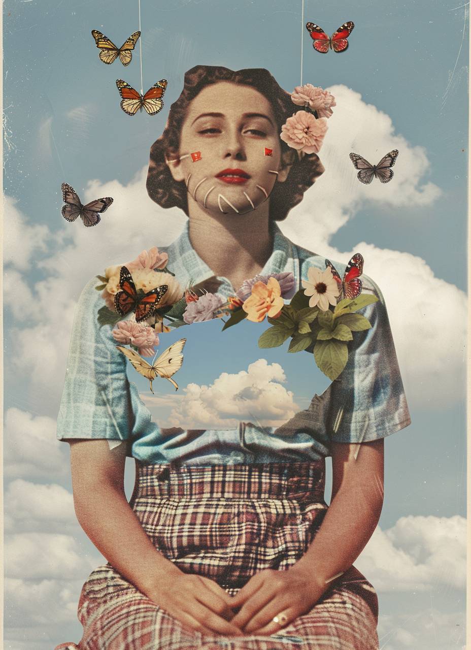 A woman with blue sky and clouds inside her chest, surrounded by butterflies and flowers on her lap. Vintage cut-and-paste style, collage art with dental floss as facial hair. Photo montage with surreal absurdity.
