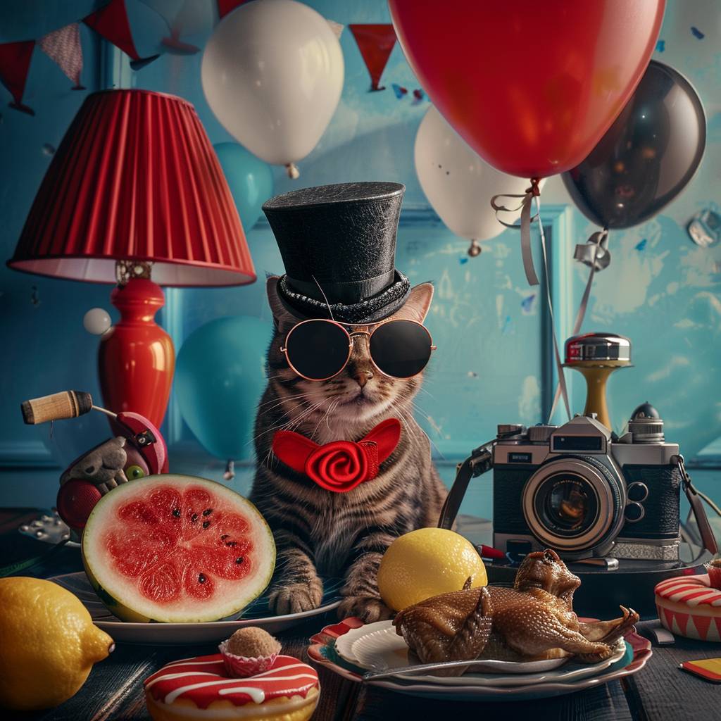 A cat wearing sunglasses and a top hat is next to a lemon, a camera, a nutcracker, a watermelon, a roast duck on a plate, a saltshaker, and a donut, with a red lamp and balloons.
