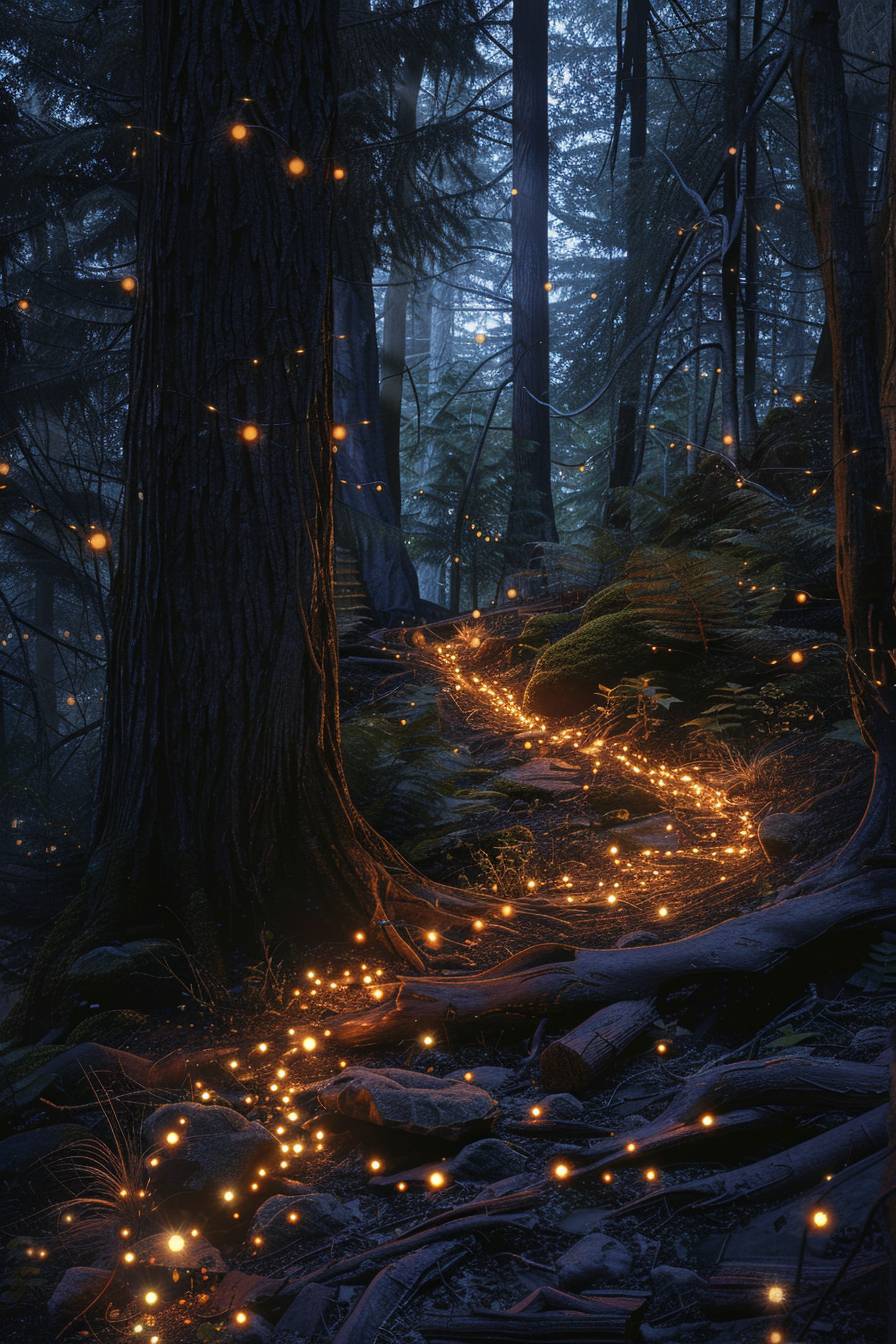 In the style of Peter Elson, fairy lights lead the way through a dark forest