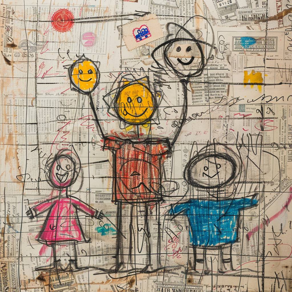 A drawing of a happy family by a 4-year-old child, on a vintage newspaper background with stamps and seals. The drawing consists of stick figures and simple shapes, done with colored pencils. The drawing is terribly drawn and not well done.