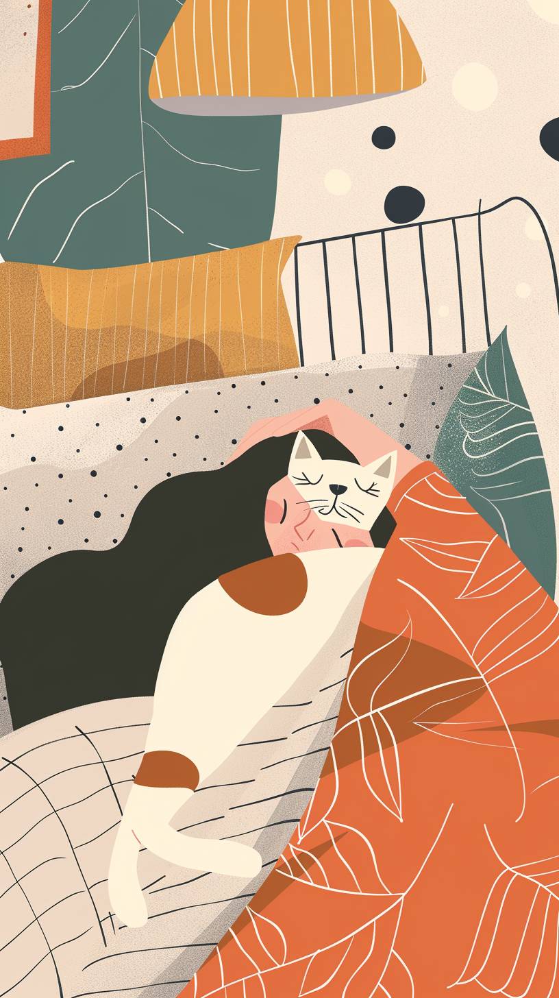 A flat illustration of a woman sleeping in a bed with a cat lying on her head, minimalist, warm, utilitarianism, geometric, danish design