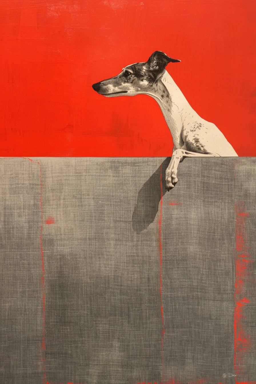 A minimalist illustration of an elegant white and tan greyhound standing on the top edge, leaning over a large blank canvas with a red background. The dog is shown in a profile view. It has long legs that convey motion. There's an air of elegance in its pose. A minimalist painting in the style of David Hockney depicting an empty box made from gray linen fabric. Light reflects off the surface of the soft textured material. In front, there is the head of one black greyhound, extending its paw to say hello.