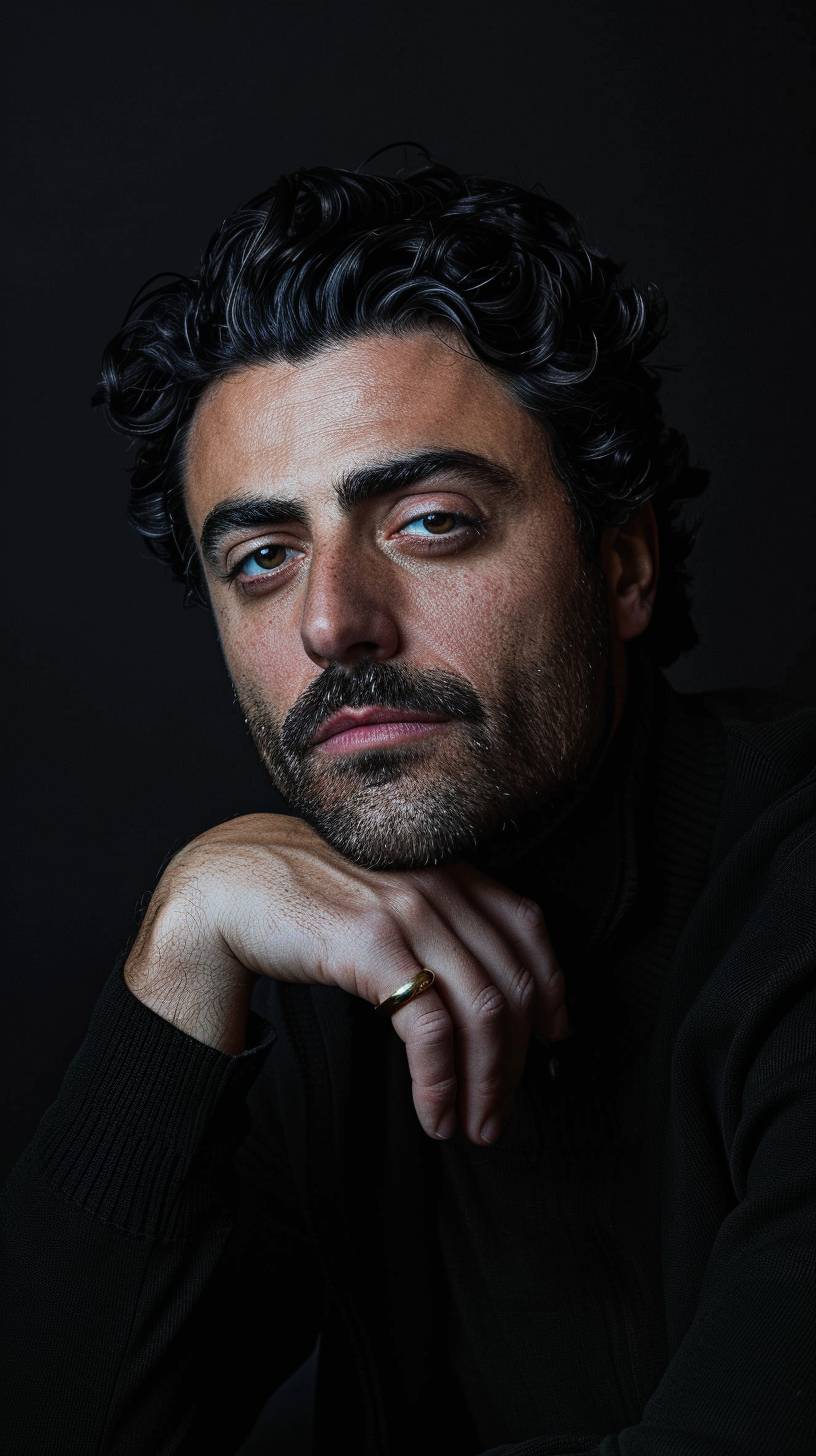 Portrait of Oscar Isaac against a black background, with his hand on his chin and head tilted to the side in the style of a studio portrait. Soft lighting and a portrait lens were used with a high resolution camera to capture the image.